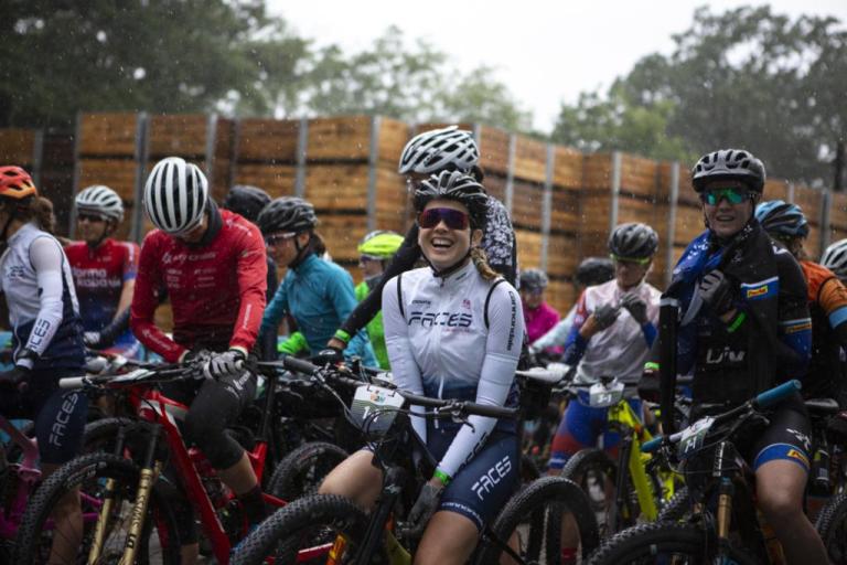 Candice Lill has a laugh at the start of the 2019 FNB Wine2Whales Chardonnay 3 day mountain bike event stage1 from Lourensford to Oak Valley. Image by Nick Muzik